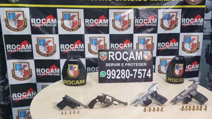 PMAM apreende cinco armas de fogo e prende dois por porte ilegal, na capital