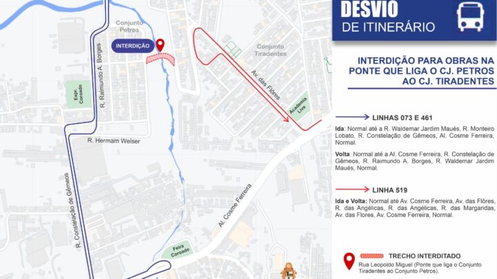 Ponte do conjunto Petros será interditada pela Prefeitura de Manaus nesta terça-feira, 16/8